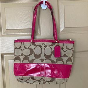 Coach Tan and Pink Signature Stripe Tote
